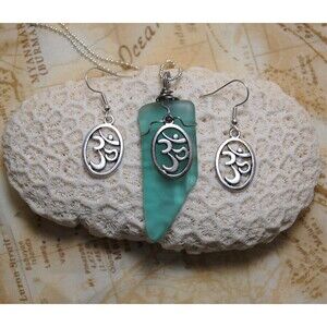 Teal Blue Sea Glass Style Om Necklace and Earring Set Handmade Wire Wrapped